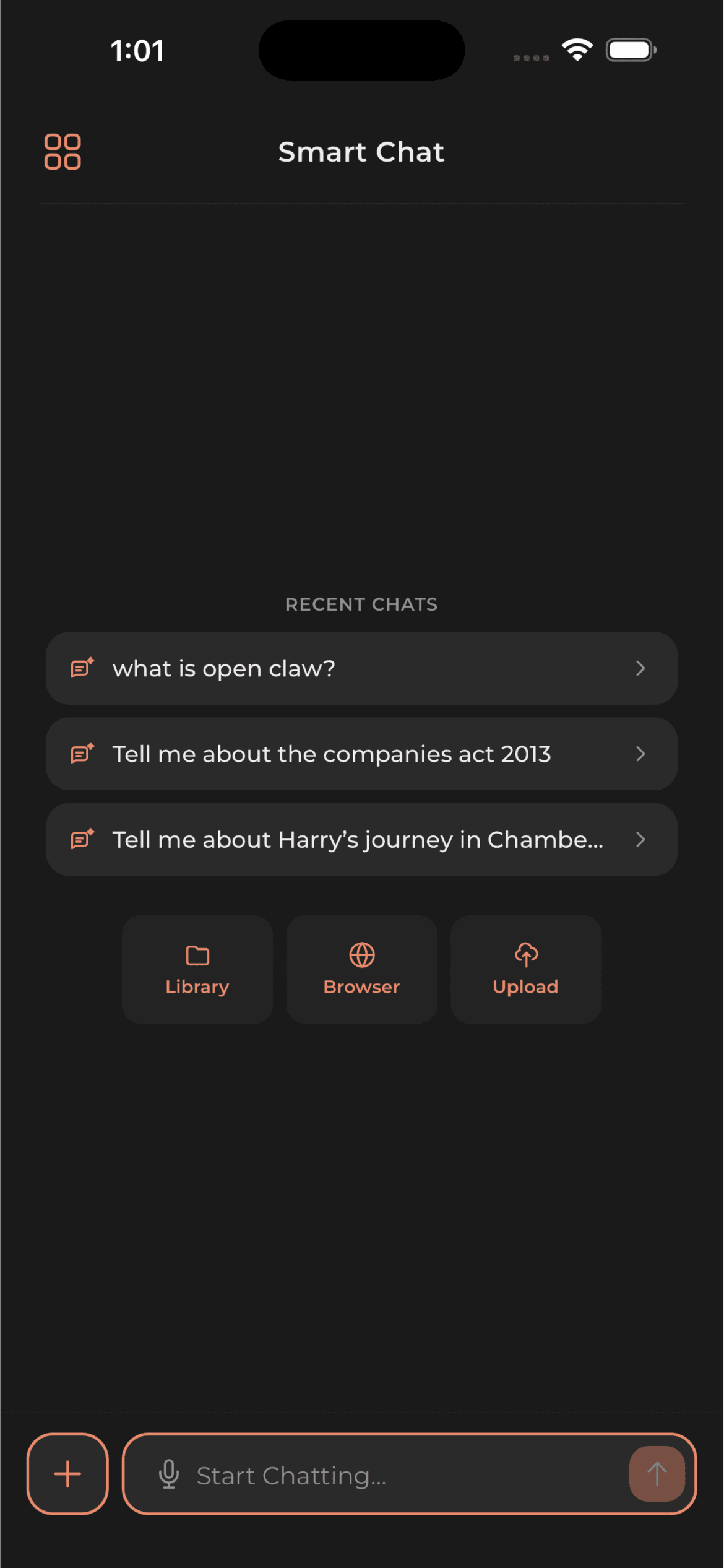 Smart Chat home with recent conversations and quick Library, Browser, and Upload actions